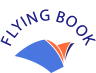 Logo with the words "Flying Book" in blue, arched over a stylized illustration of blue and orange open pages resembling a book in flight.
