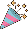 Illustration of a blue and pink striped party popper with confetti and sparkles coming out.