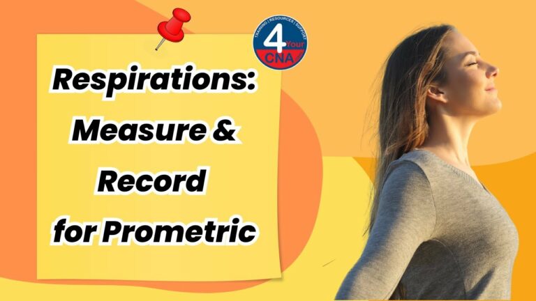 Woman standing with eyes closed, facing right. Text reads, "Respirations: Measure & Record for Prometric" with a red pin graphic and a "4 Your CNA" logo.